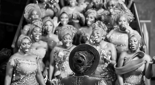 Black-and-white photo of a Nigerian bridal train standing on a staircase in traditional lace dresses and gele headwraps, smiling and singing toward the bride, who is seen from behind in the foreground wearing a gele and embellished outfit, with confetti falling around them.